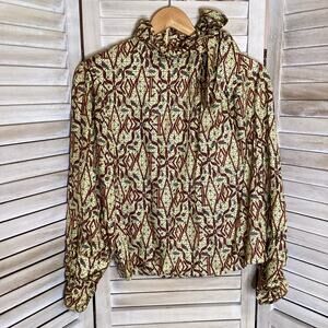 Les Coyotes De Paris High Neck 100% Silk Cropped Bow Blouse 36 4 S